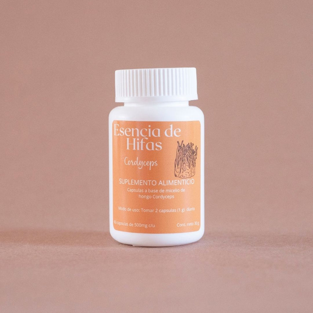 Suplemento natural en capsulas a base del hongo adaptógeno Cordyceps (Cordyceps militaris).