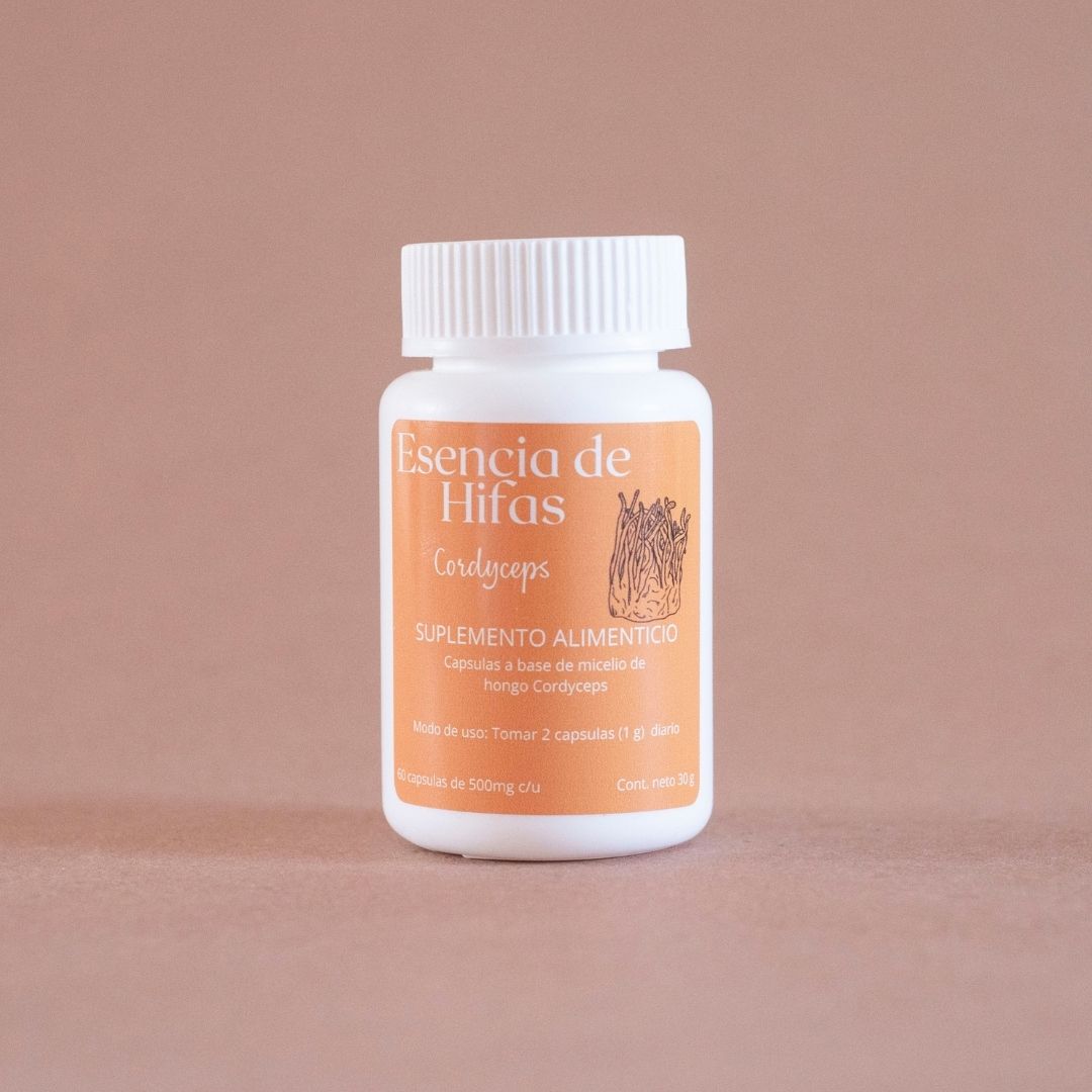 Suplemento natural en capsulas a base del hongo adaptógeno Cordyceps (Cordyceps militaris).
