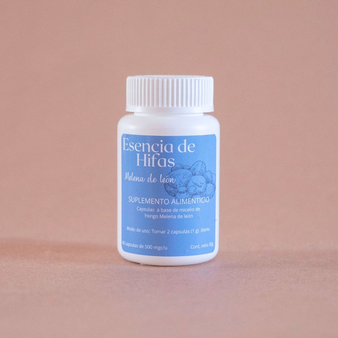 Suplemento natural en capsulas a base del hongo adaptógeno Melena de León (Hericium erinaceus).