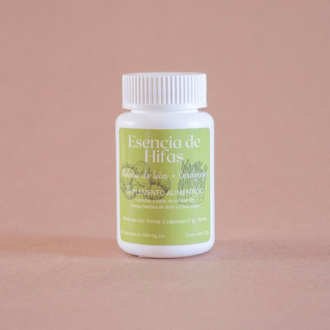 Suplemento natural en capsulas a base de la mezcla de los hongos adaptógenos Cordyceps (Cordyceps militaris) y Melena de León (Hericium erinaceus).