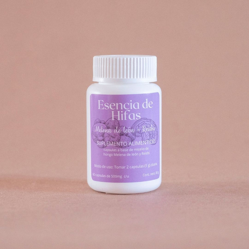 Suplemento natural en capsulas a base de la mezcla de los hongos adaptógenos Reishi (Ganoderma lucidum) y Melena de León (Hericium erinaceus).