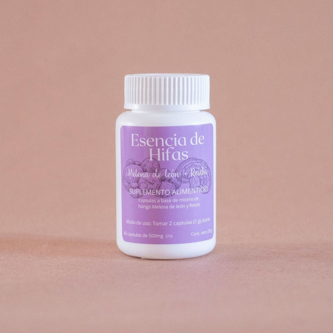 Suplemento natural en capsulas a base de la mezcla de los hongos adaptógenos Reishi (Ganoderma lucidum) y Melena de León (Hericium erinaceus).