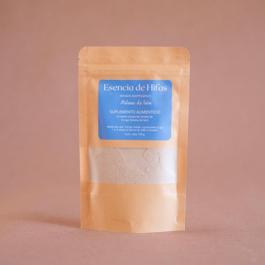 Suplemento natural en polvo a base del hongo adaptógeno Melena de León (Hericium erinaceus).